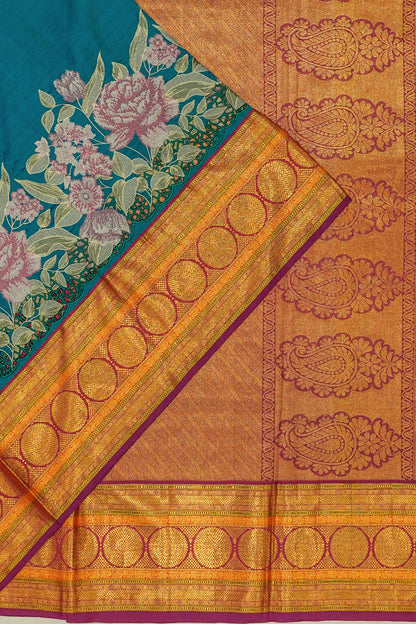 Kanchipuram Silk Plain Teal Blue Saree With Embroidery And Cut Work