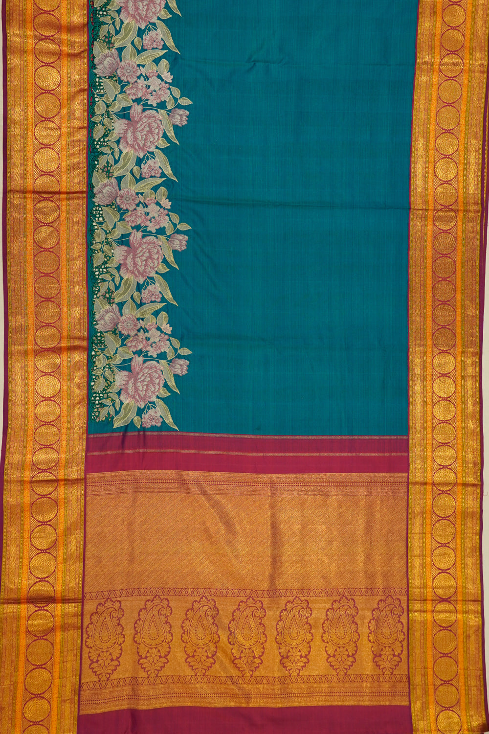 Kanchipuram Silk Plain Teal Blue Saree With Embroidery And Cut Work