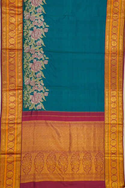 Kanchipuram Silk Plain Teal Blue Saree With Embroidery And Cut Work