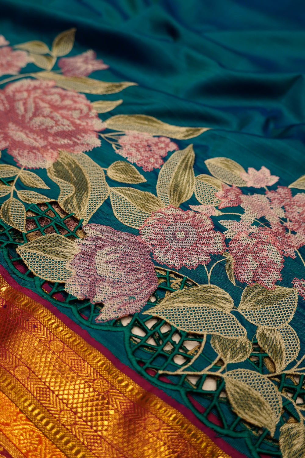 Kanchipuram Silk Plain Teal Blue Saree With Embroidery And Cut Work