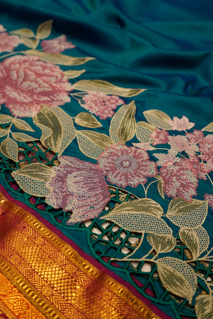 Kanchipuram Silk Plain Teal Blue Saree With Embroidery And Cut Work