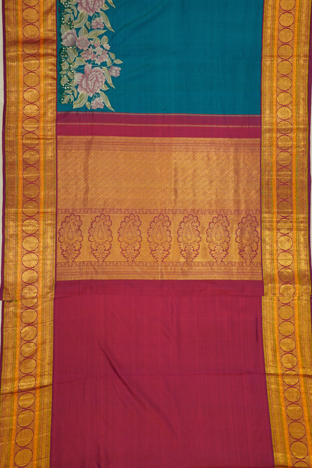 Kanchipuram Silk Plain Teal Blue Saree With Embroidery And Cut Work