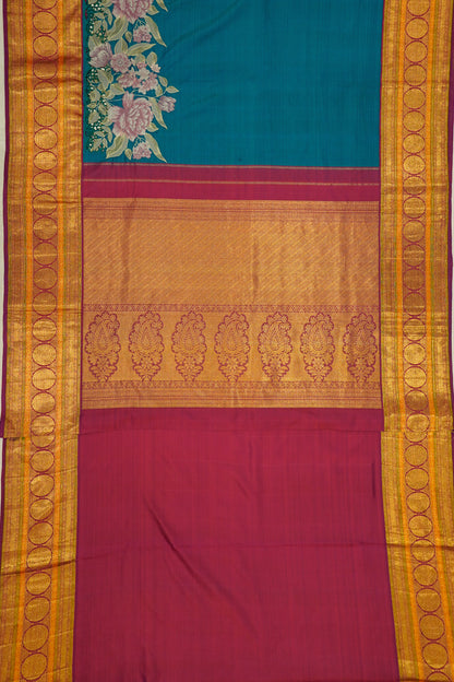 Kanchipuram Silk Plain Teal Blue Saree With Embroidery And Cut Work