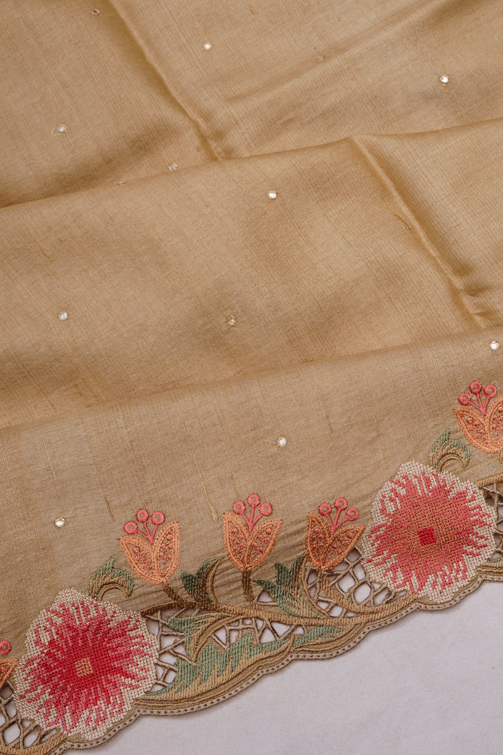 Tussar Embroidery Butta Beige Saree With Scallop Border