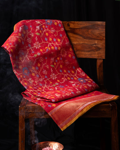 Banarasi Cotton Jamdani Jaal Raktambari Saree