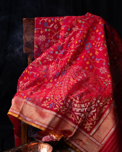 Banarasi Cotton Jamdani Jaal Raktambari Saree