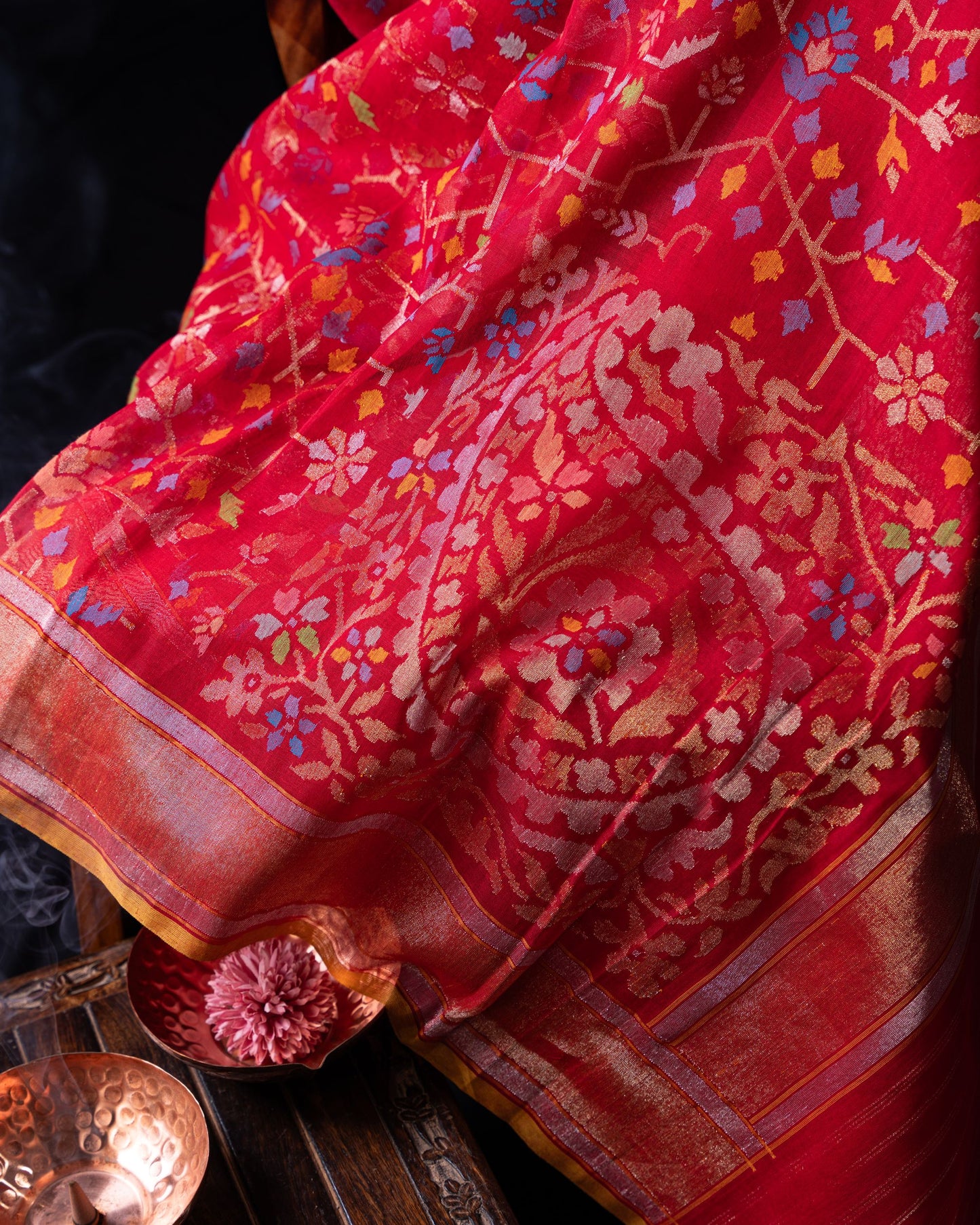 Banarasi Cotton Jamdani Jaal Raktambari Saree