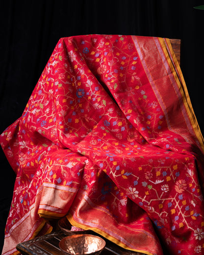 Banarasi Cotton Jamdani Jaal Raktambari Saree