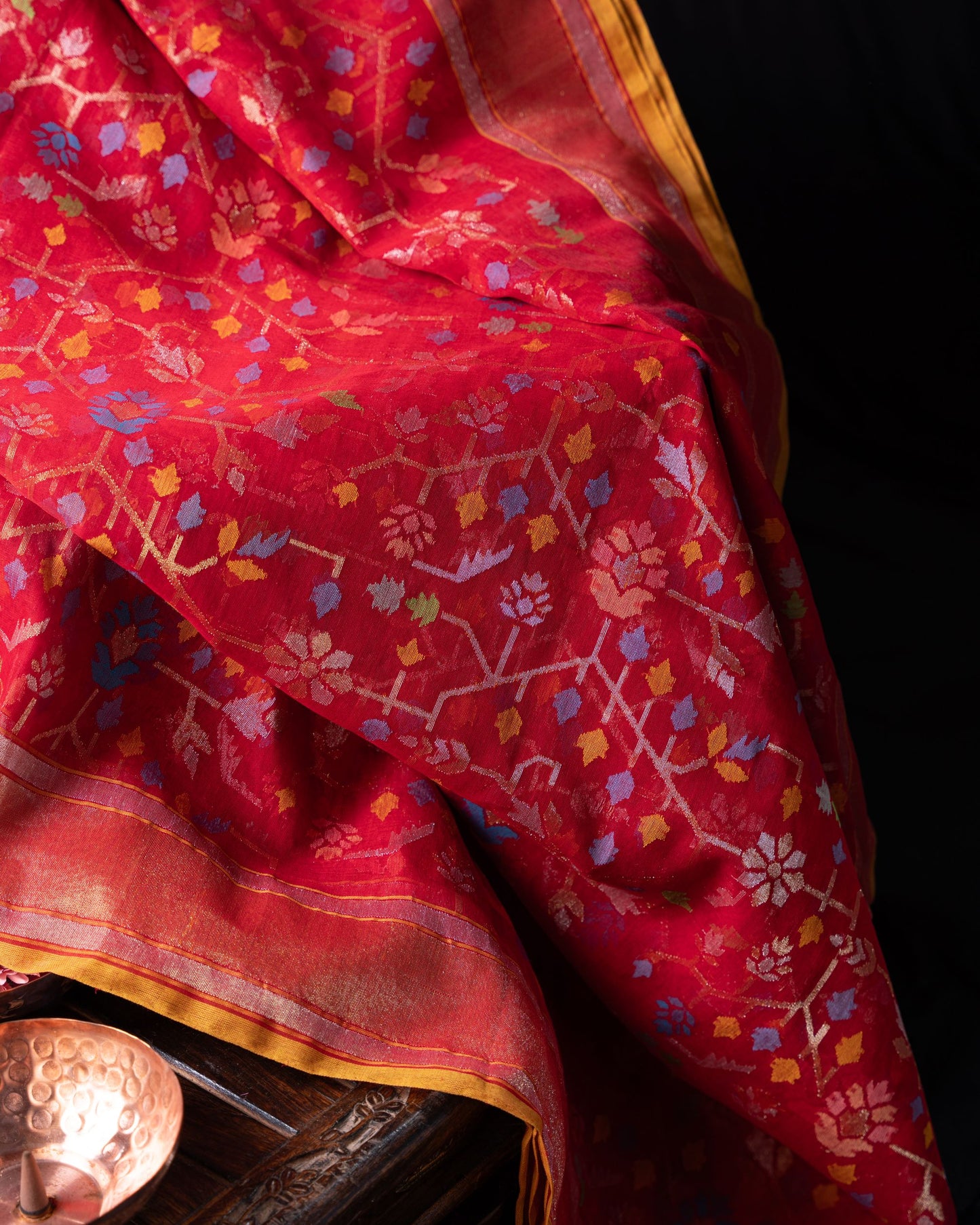 Banarasi Cotton Jamdani Jaal Raktambari Saree