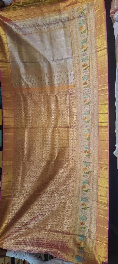 Kanchipuram Silk Tissue Brocade Pink And Orange Saree