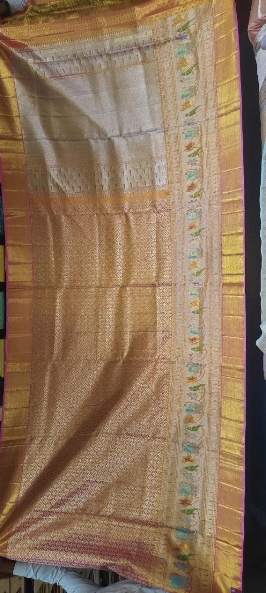 Kanchipuram Silk Tissue Brocade Pink And Orange Saree