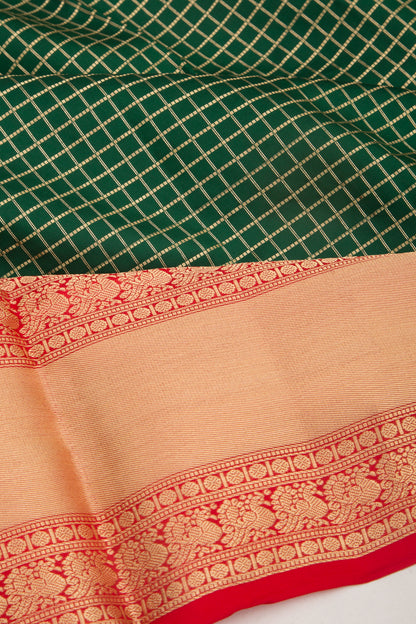 Taranga Kanchi Silk Checks Bottle Green Saree