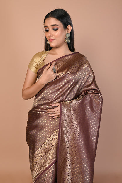 Banarasi Silk Brocade Brown Saree