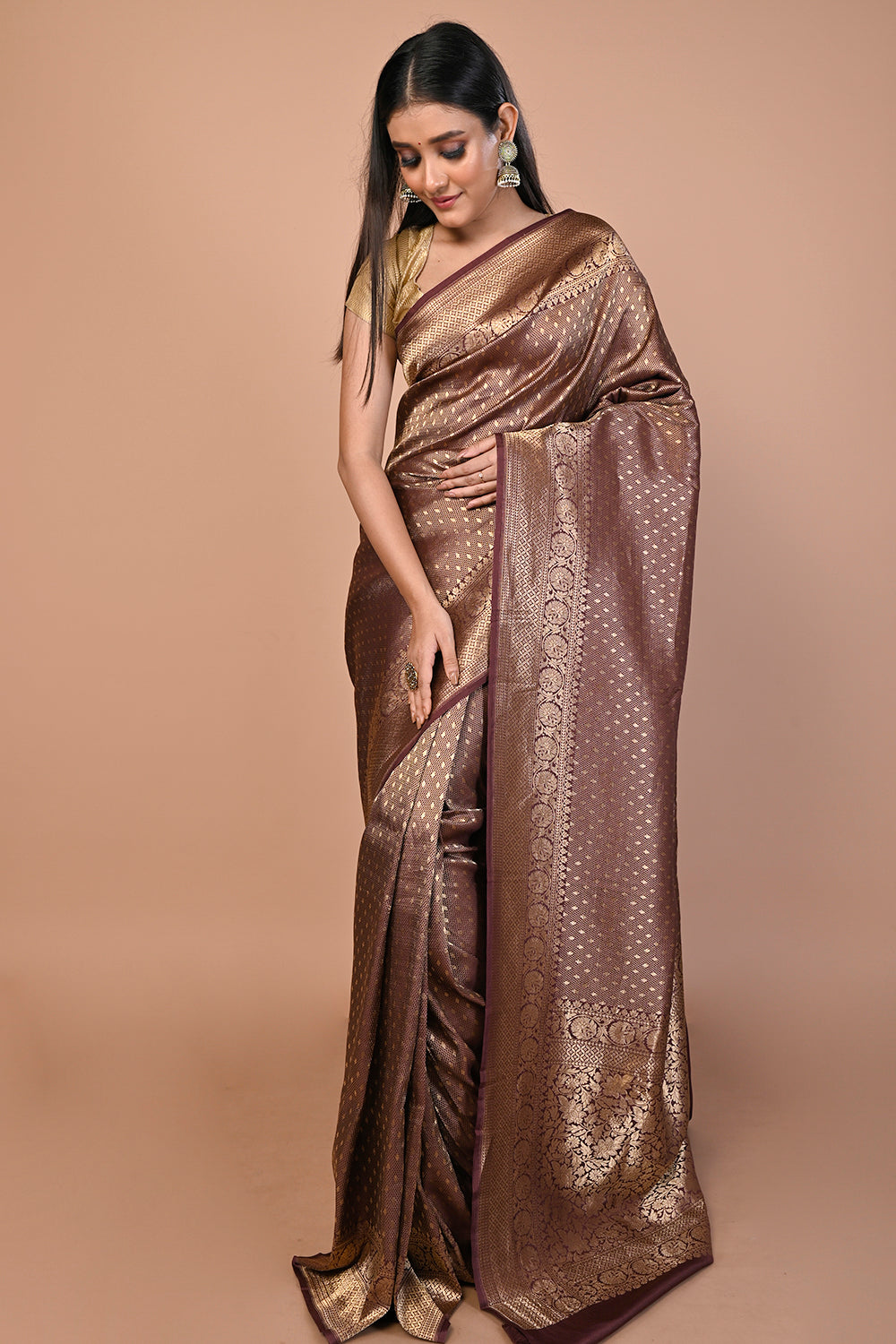 Banarasi Silk Brocade Brown Saree