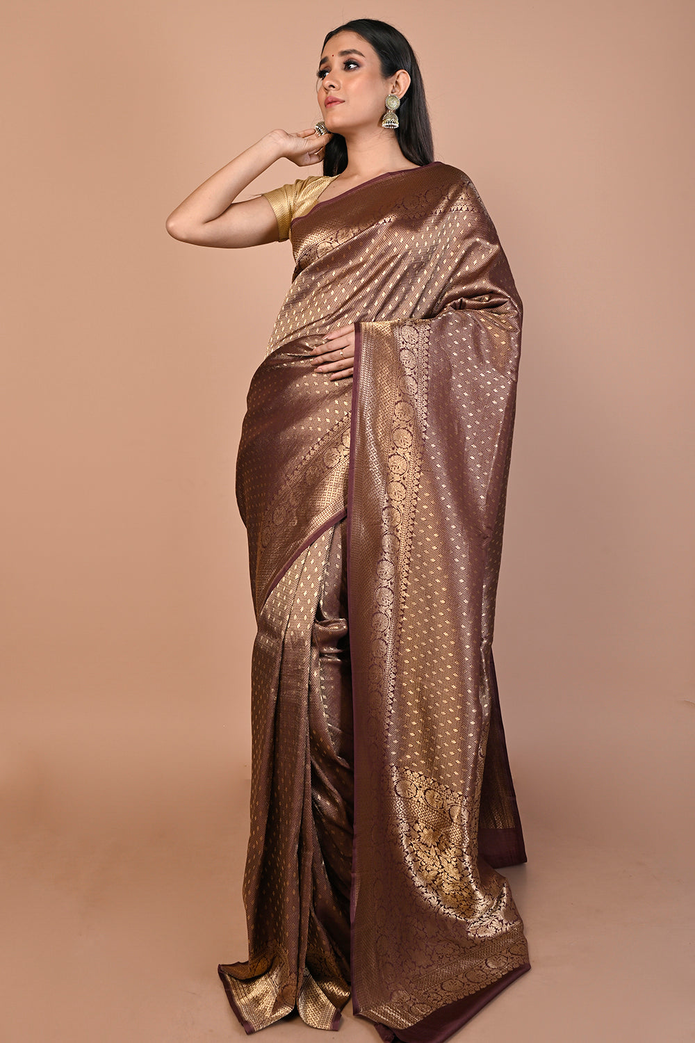 Banarasi Silk Brocade Brown Saree