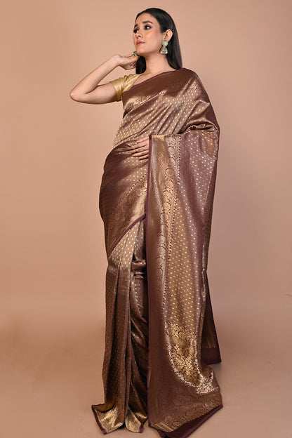 Banarasi Silk Brocade Brown Saree