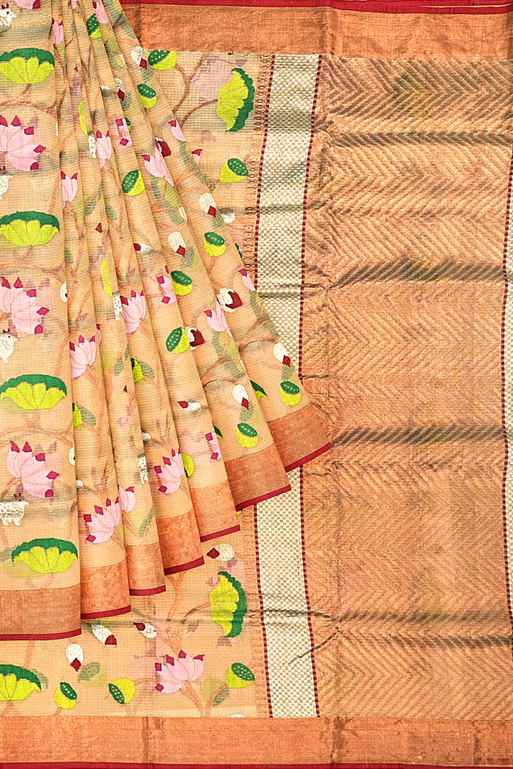 Kota Silk Tissue All Over Jaal Pichwai Pattern Cream Saree