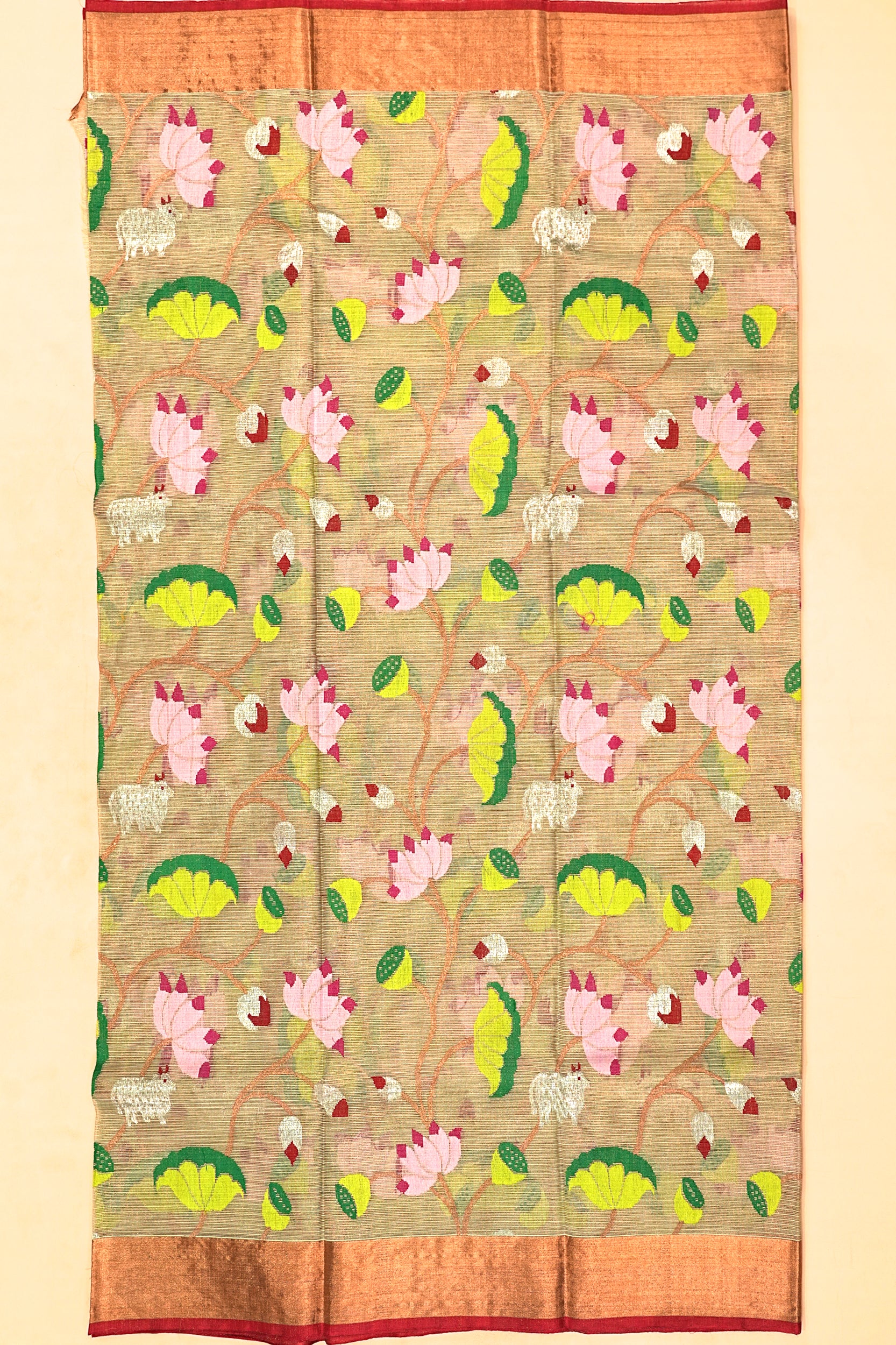 Kota Silk Tissue All Over Jaal Pichwai Pattern Cream Saree
