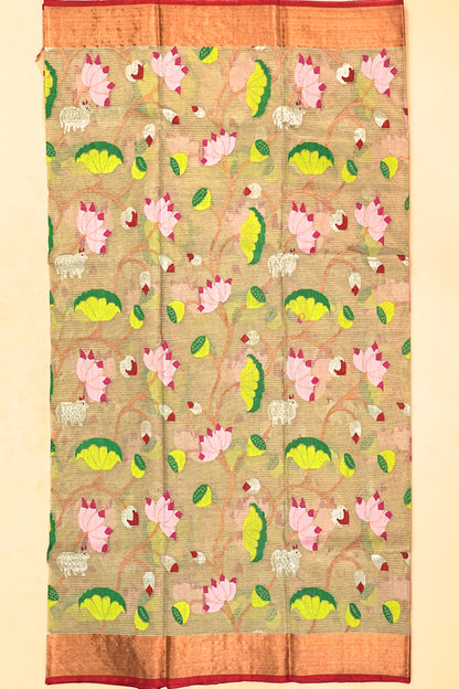 Kota Silk Tissue All Over Jaal Pichwai Pattern Cream Saree