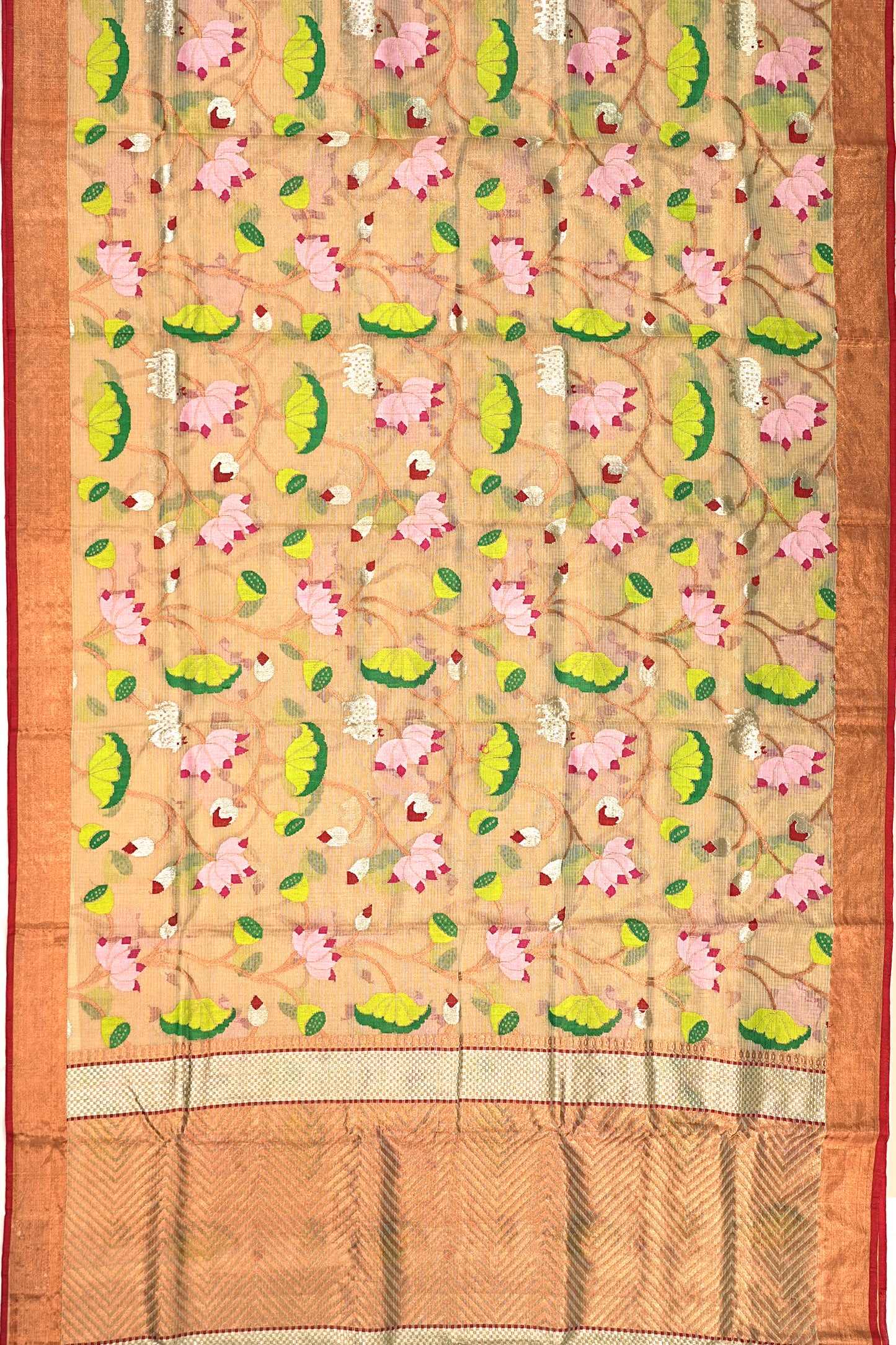 Kota Silk Tissue All Over Jaal Pichwai Pattern Cream Saree