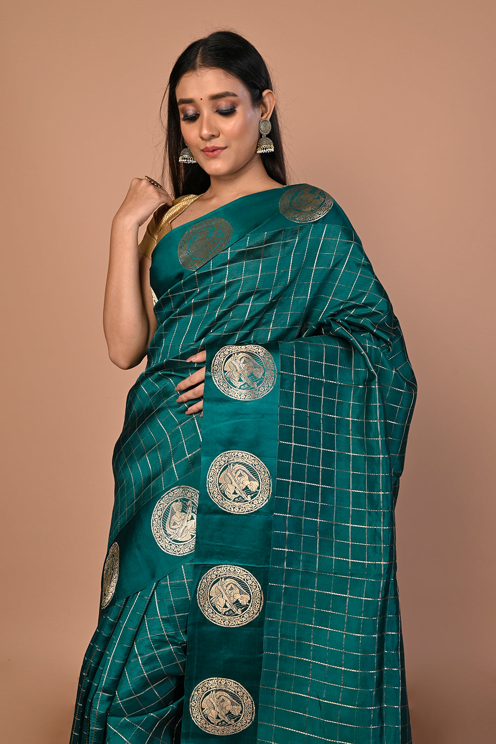 Banarasi Silk Katan Checks Green Saree
