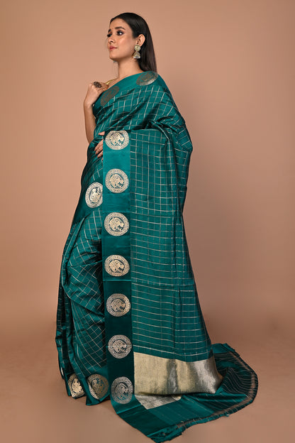 Banarasi Silk Katan Checks Green Saree