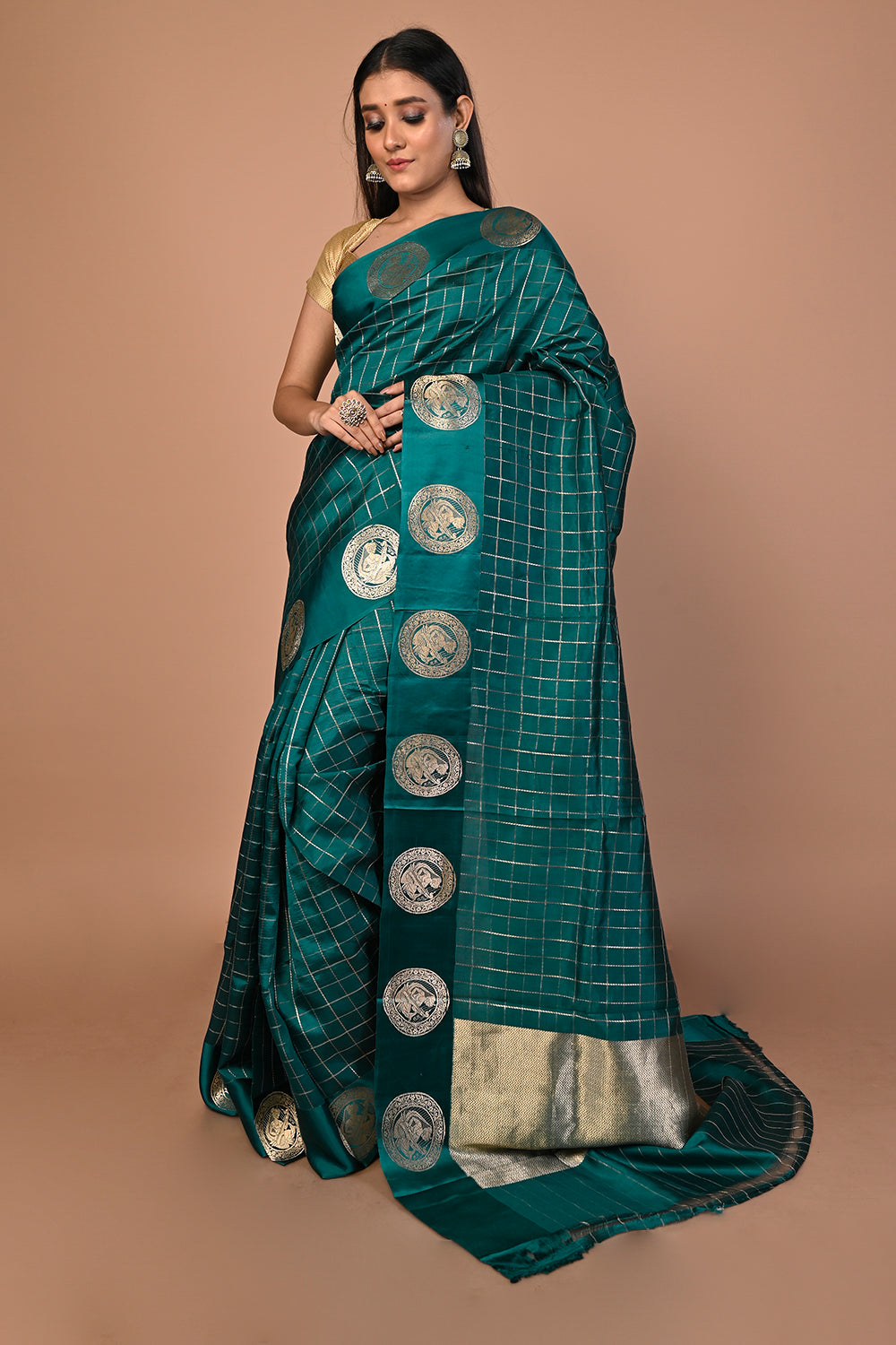 Banarasi Silk Katan Checks Green Saree