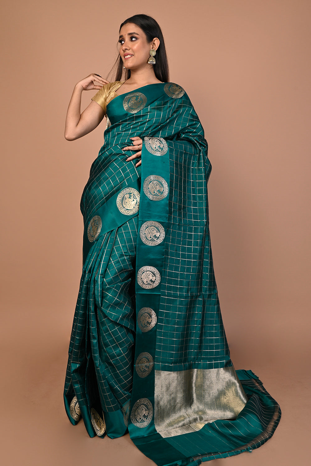 Banarasi Silk Katan Checks Green Saree