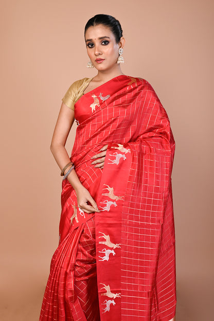 Banarasi Silk Katan Checks Red Saree