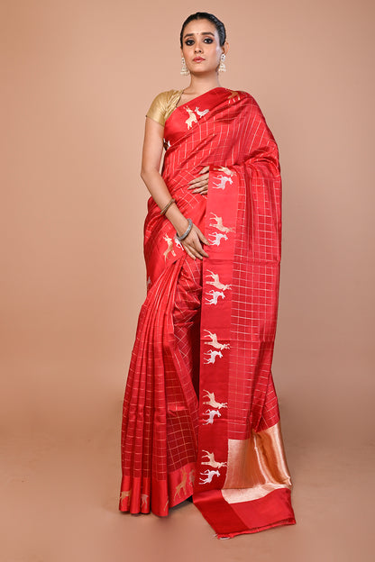 Banarasi Silk Katan Checks Red Saree