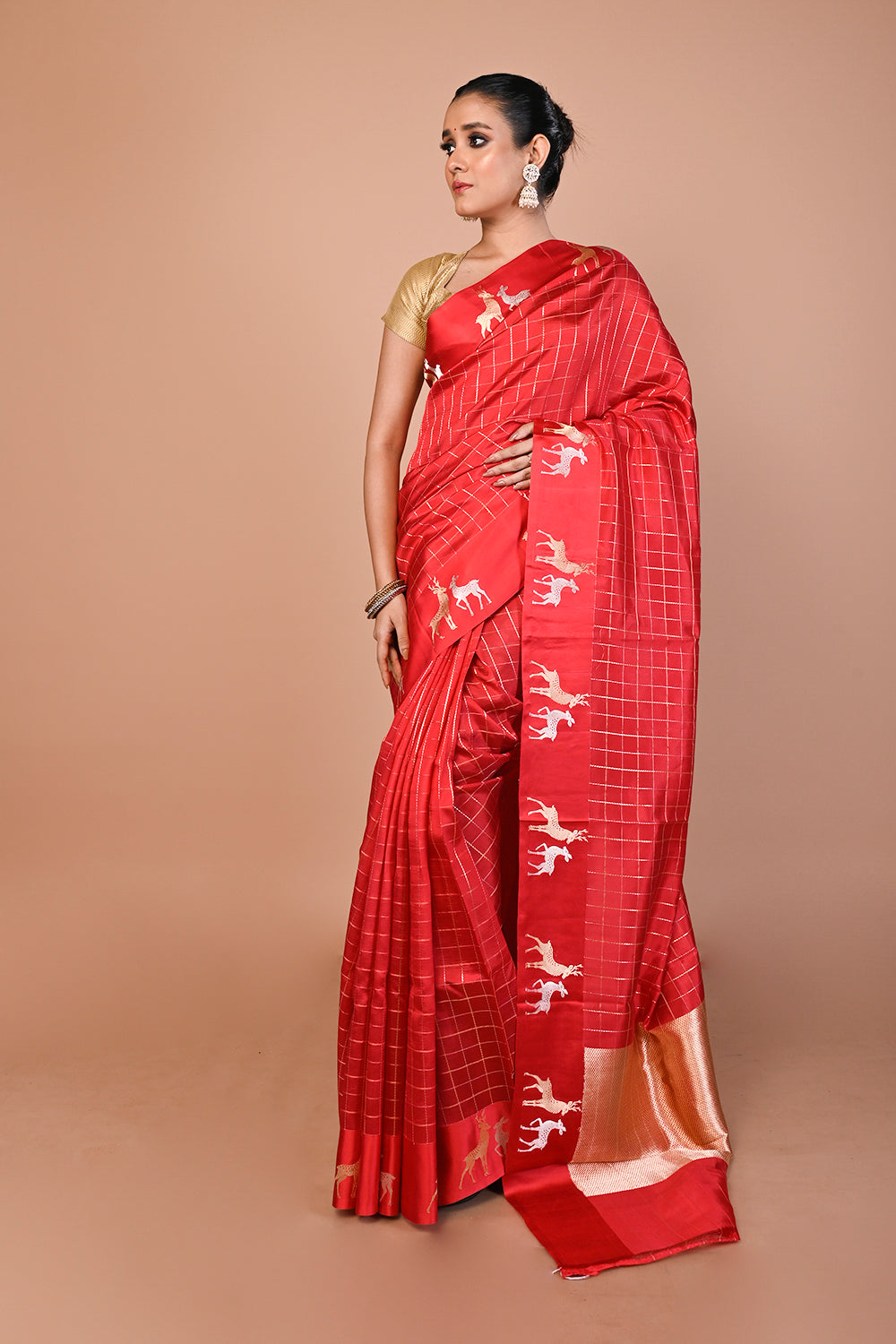 Banarasi Silk Katan Checks Red Saree