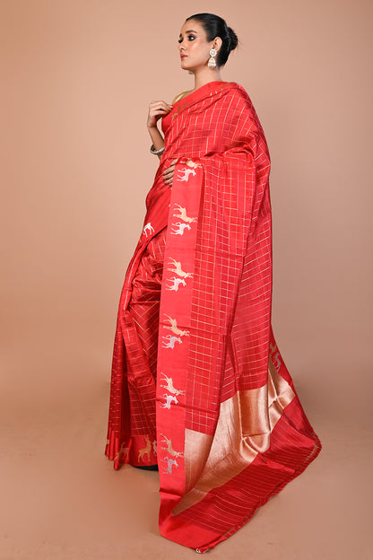 Banarasi Silk Katan Checks Red Saree