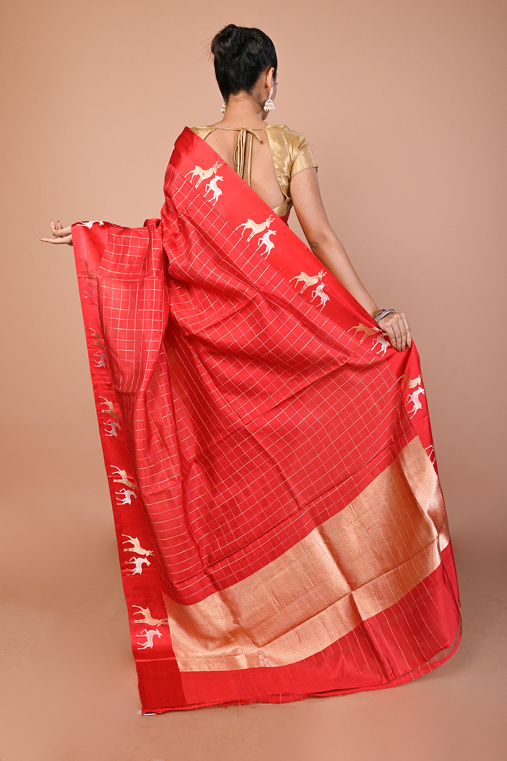 Banarasi Silk Katan Checks Red Saree