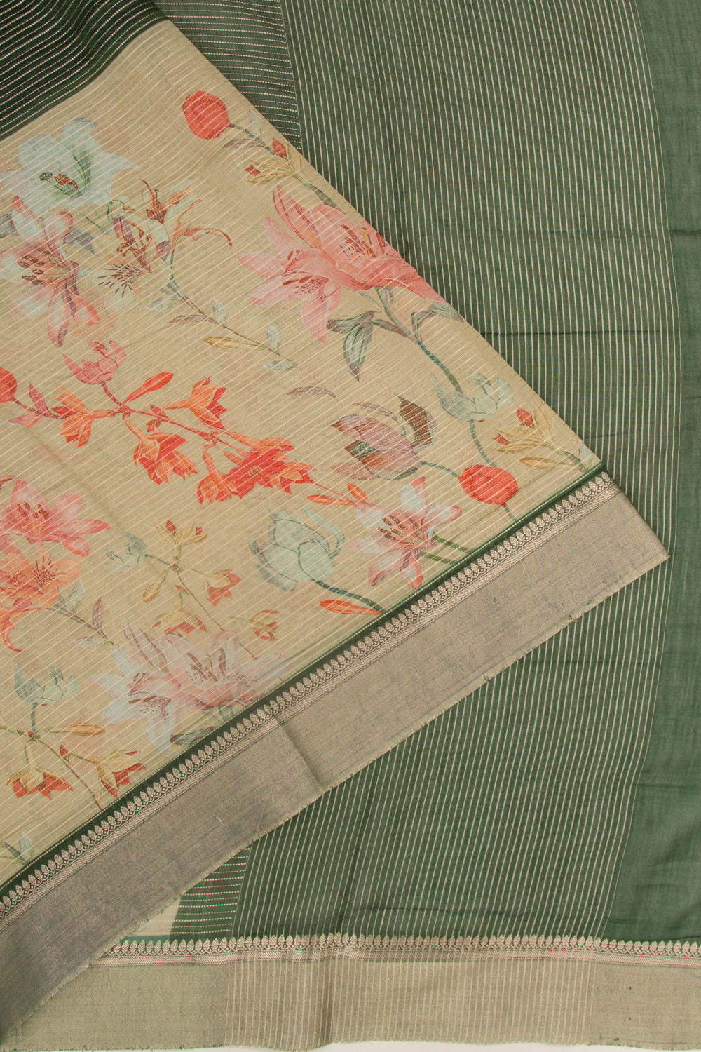 Chanderi Silk Half-n-Half Green And Cream Saree