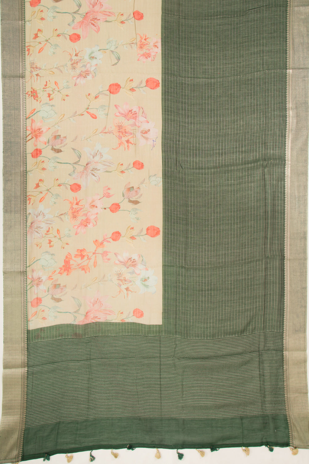 Chanderi Silk Half-n-Half Green And Cream Saree