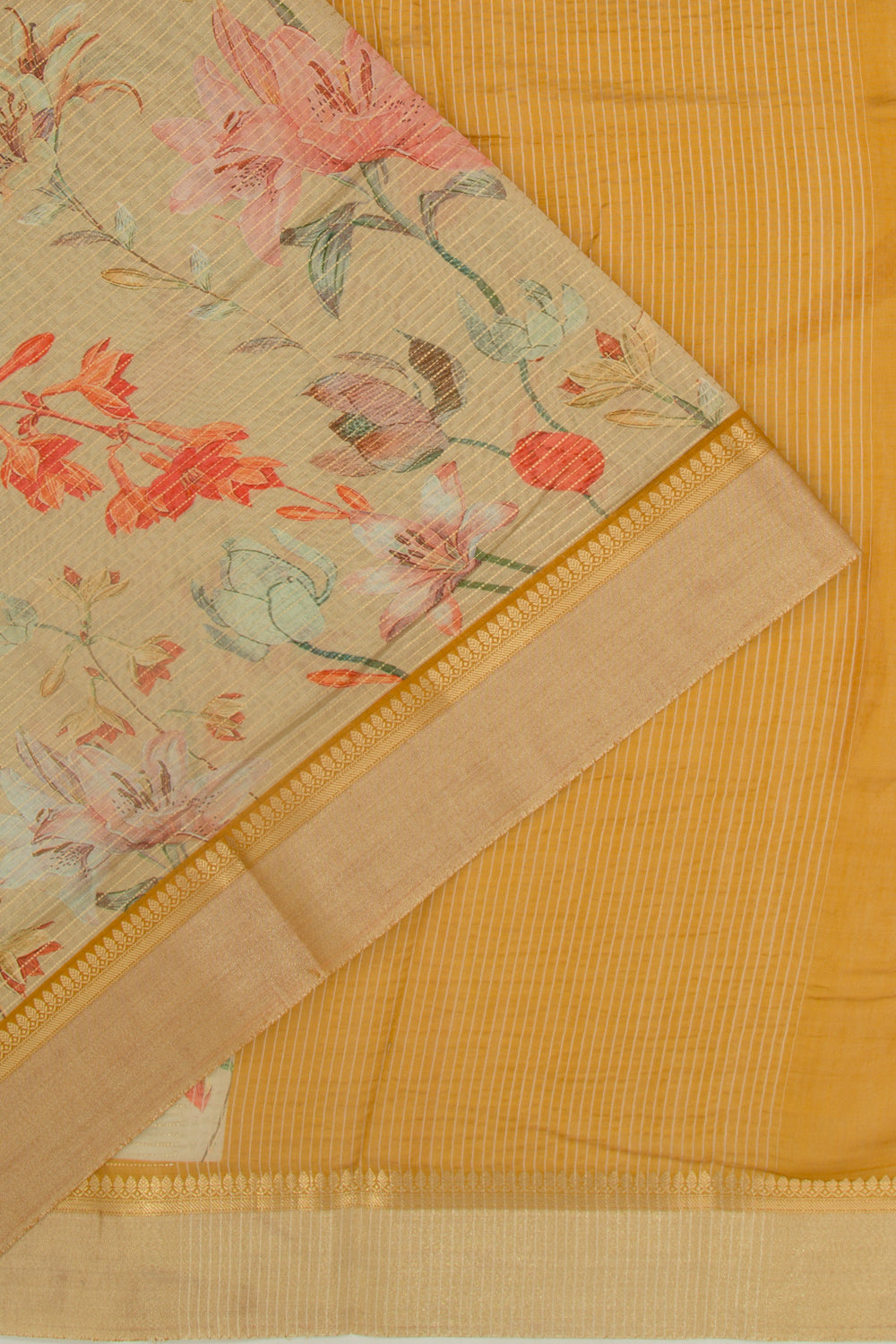 Chanderi Silk Half-n-Half Mustard Yellow And Cream Saree