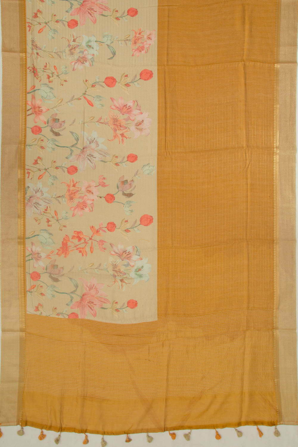 Chanderi Silk Half-n-Half Mustard Yellow And Cream Saree