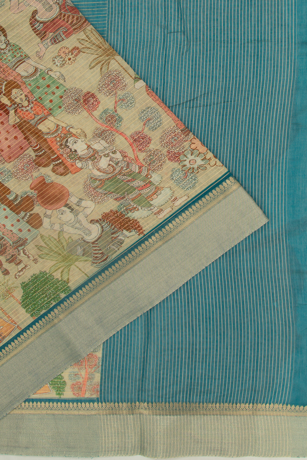 Chanderi Silk Half-n-Half Teal Blue And Cream Saree