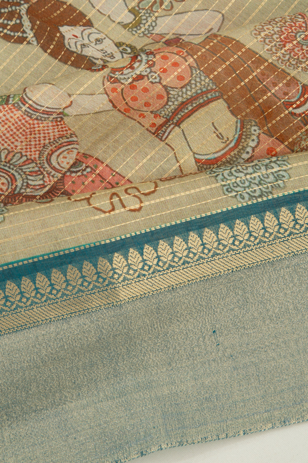 Chanderi Silk Half-n-Half Teal Blue And Cream Saree