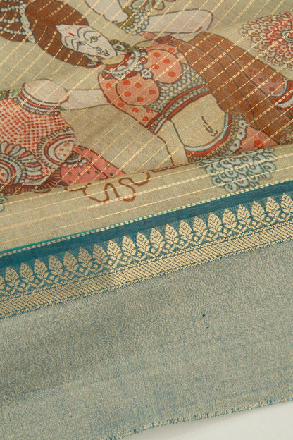 Chanderi Silk Half-n-Half Teal Blue And Cream Saree