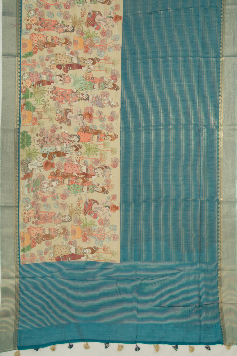 Chanderi Silk Half-n-Half Teal Blue And Cream Saree