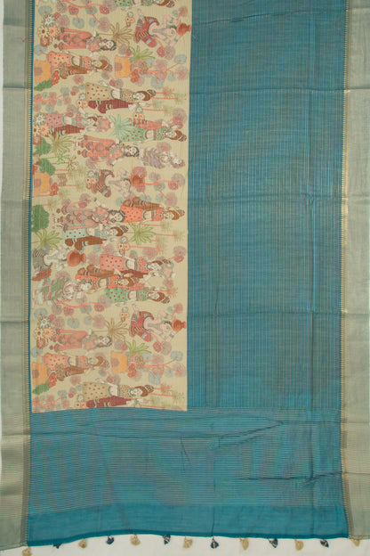 Chanderi Silk Half-n-Half Teal Blue And Cream Saree