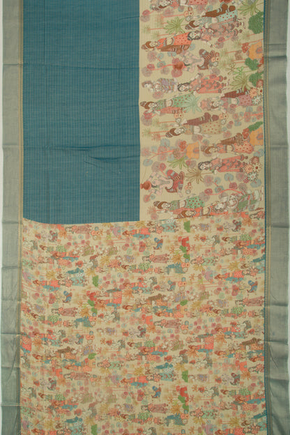 Chanderi Silk Half-n-Half Teal Blue And Cream Saree