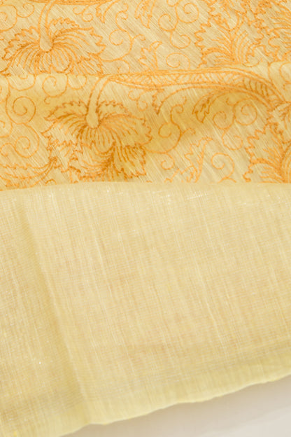 Linen Floral Embroidery Yellow Saree