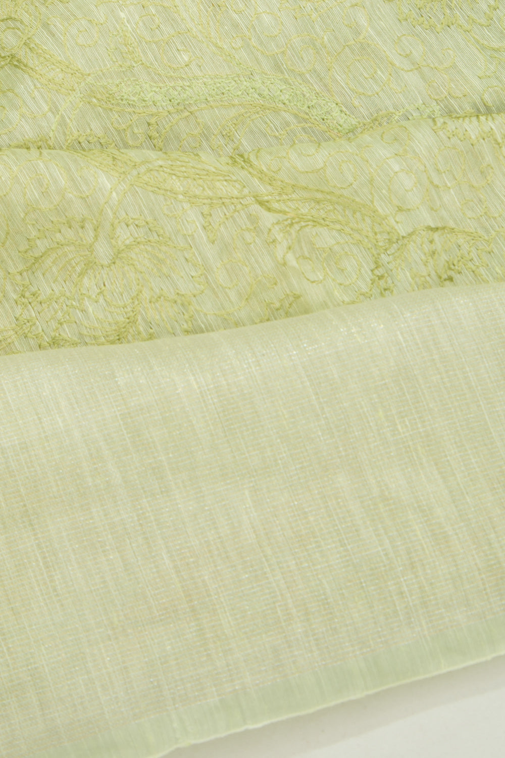 Linen Floral Embroidery Pastel Green Saree