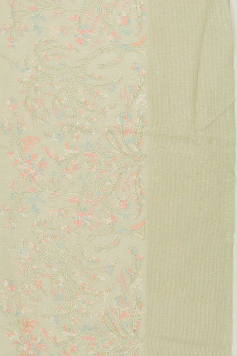 Linen Floral Embroidery Pastel Green Saree