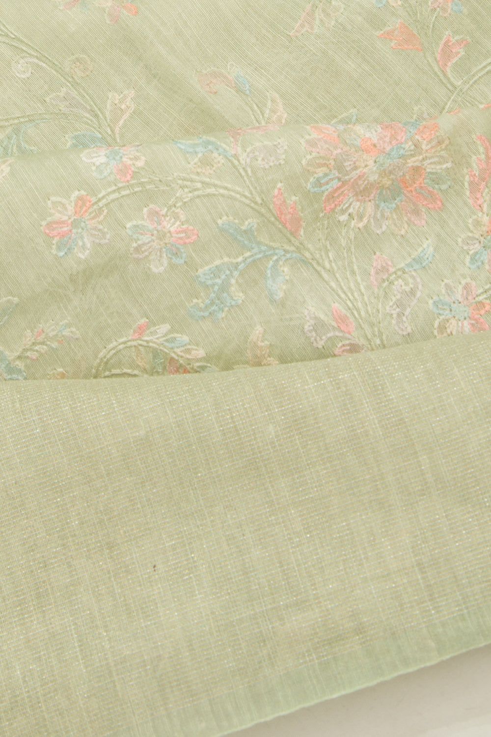 Linen Floral Embroidery Pastel Green Saree