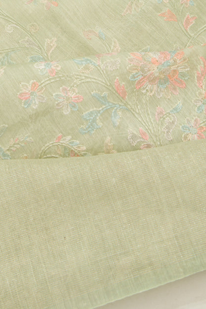 Linen Floral Embroidery Pastel Green Saree