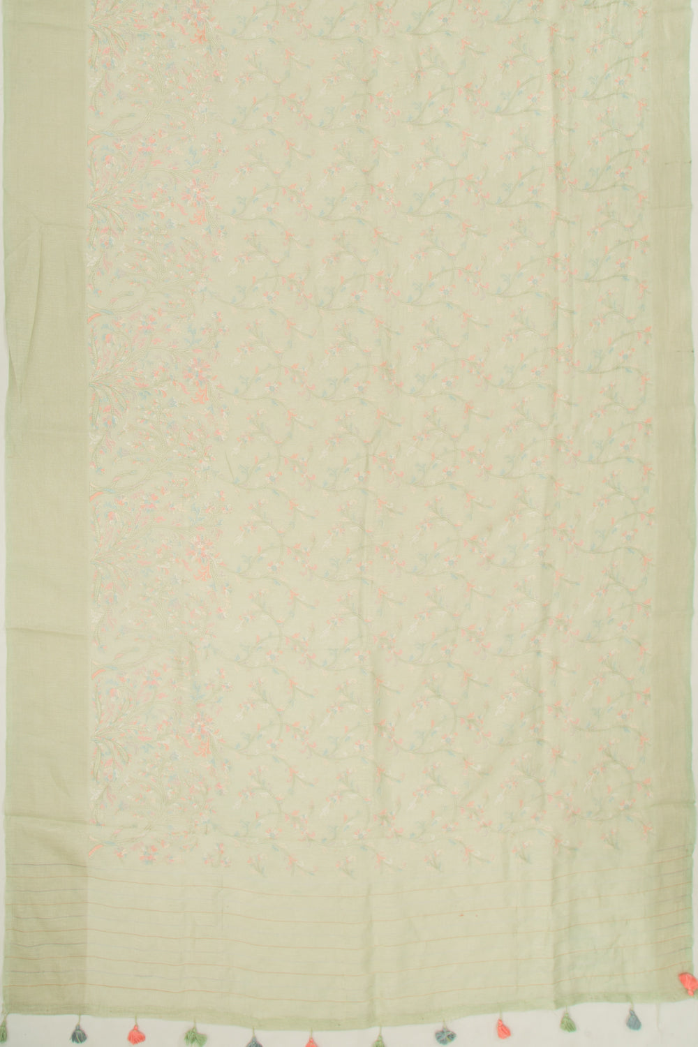 Linen Floral Embroidery Pastel Green Saree
