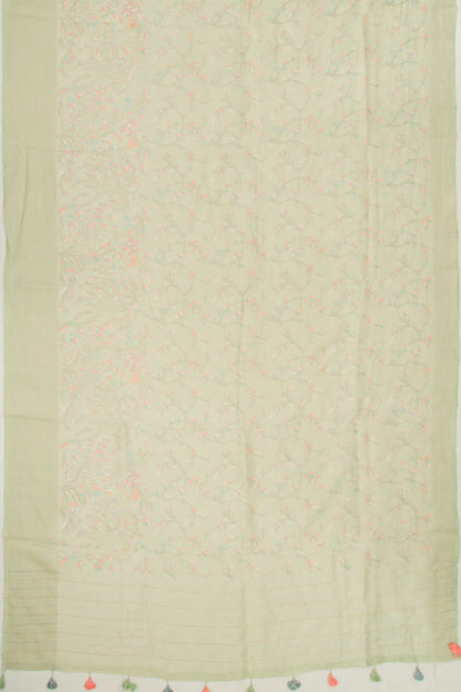 Linen Floral Embroidery Pastel Green Saree